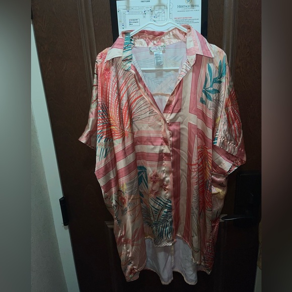 Free People “All to Us” Pink and Green Patterned Island Time Tunic Shirt